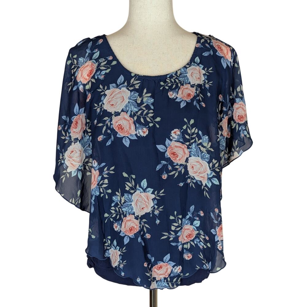 Love Delirious Women's Floral Short Sleeve Overlay Maternity Blouse Large Navy